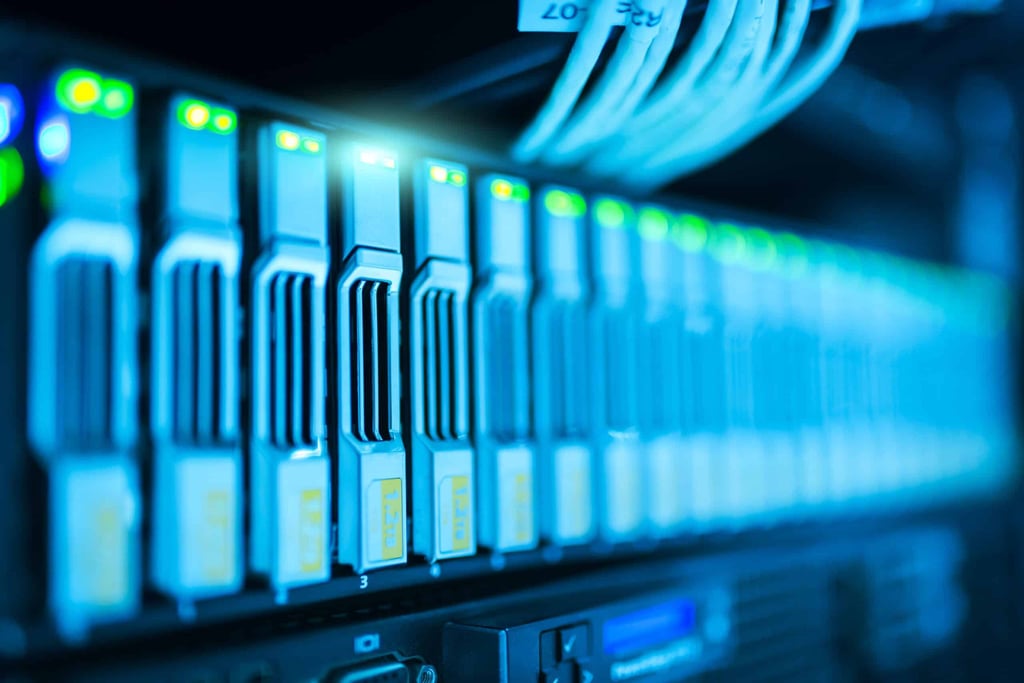 an array of hard disk drives in a data center.